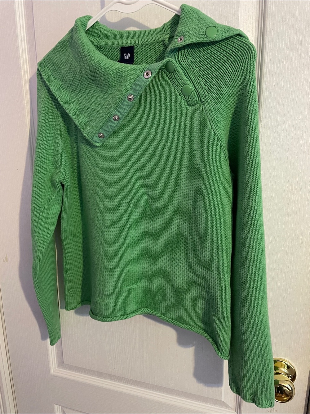 GAP Green Cotton Button-Trim Knit Turtleneck Sweater